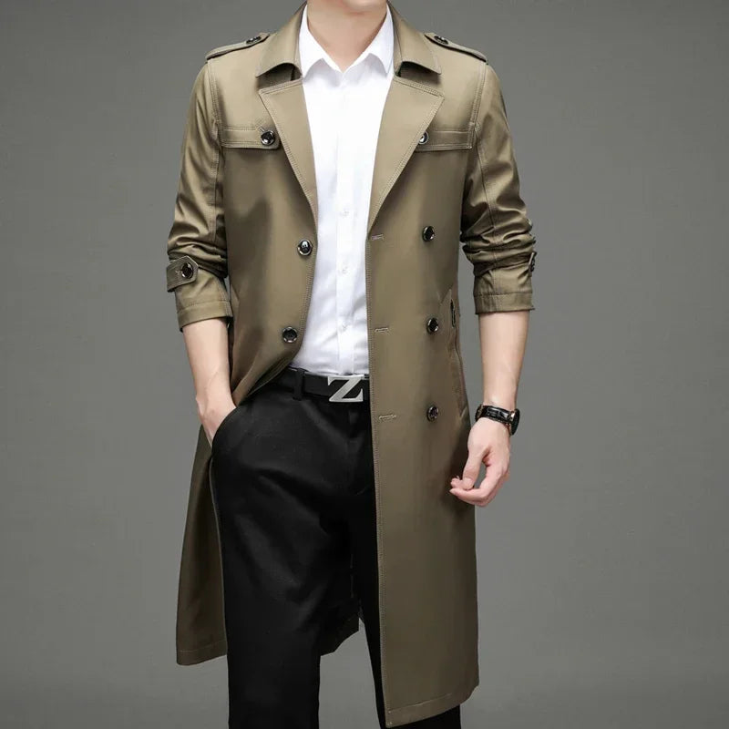 Luxurious Super Long Windbreaker Double-breasted Trench Coat Men’s Cotton Polyester Classic British Fashion Coat Brand Clothing
