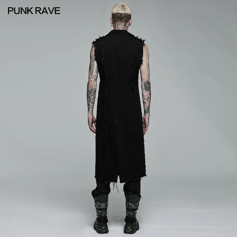 PUNK RAVE Men's Punk Old Medium Length Sleeveless Vest Non-elastic Woven Fashion Casual Handsome Men Jacket Four Seasons