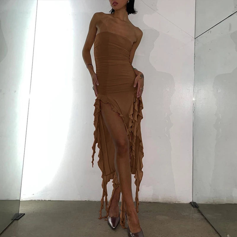 Cryptographic Irregular Ruffle Off Shoulder Sexy Backless Midi Dress for Women Elegant Birthday Vestido Summer Sundresses Ruched