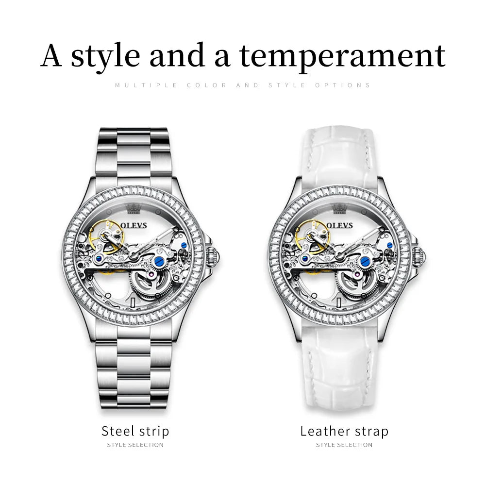 OLEVS Luxury Women Automatic Mechanical Watch Stainless Steel Diamond Inlay Fully Hollow Design Luminous Dial Elegant Wristwatch