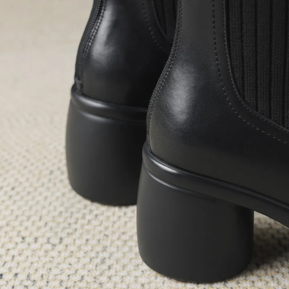 Women's genuine leather stretch knit patchwork back zip autumn knee high boots round toe casual female long boots shoes women 40