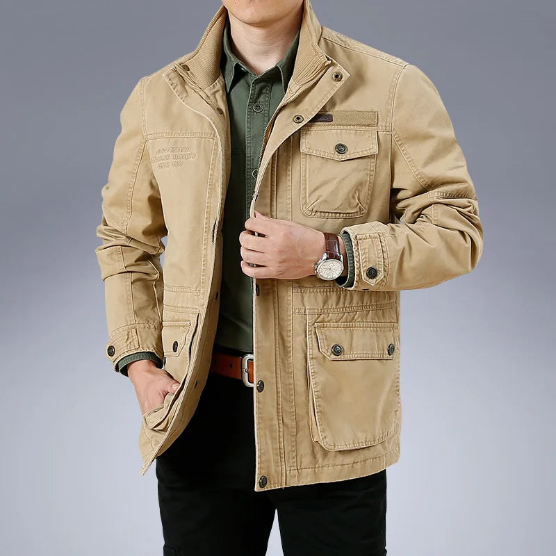 Spring Autumn Men's Military Cargo Jackets Casual 100% Cotton Multi-pocket Stand Collar Loose Mid-length Coats Male Big Size 6XL