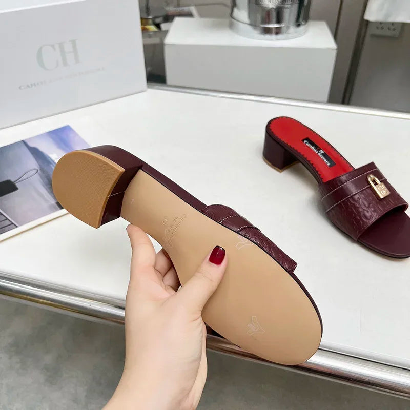 CH Luxury Heels Office Sandals for Women 2025 Elegant Fashion Shoes upper lock buckle Designs Slippers Retro Beach Flat Slippers