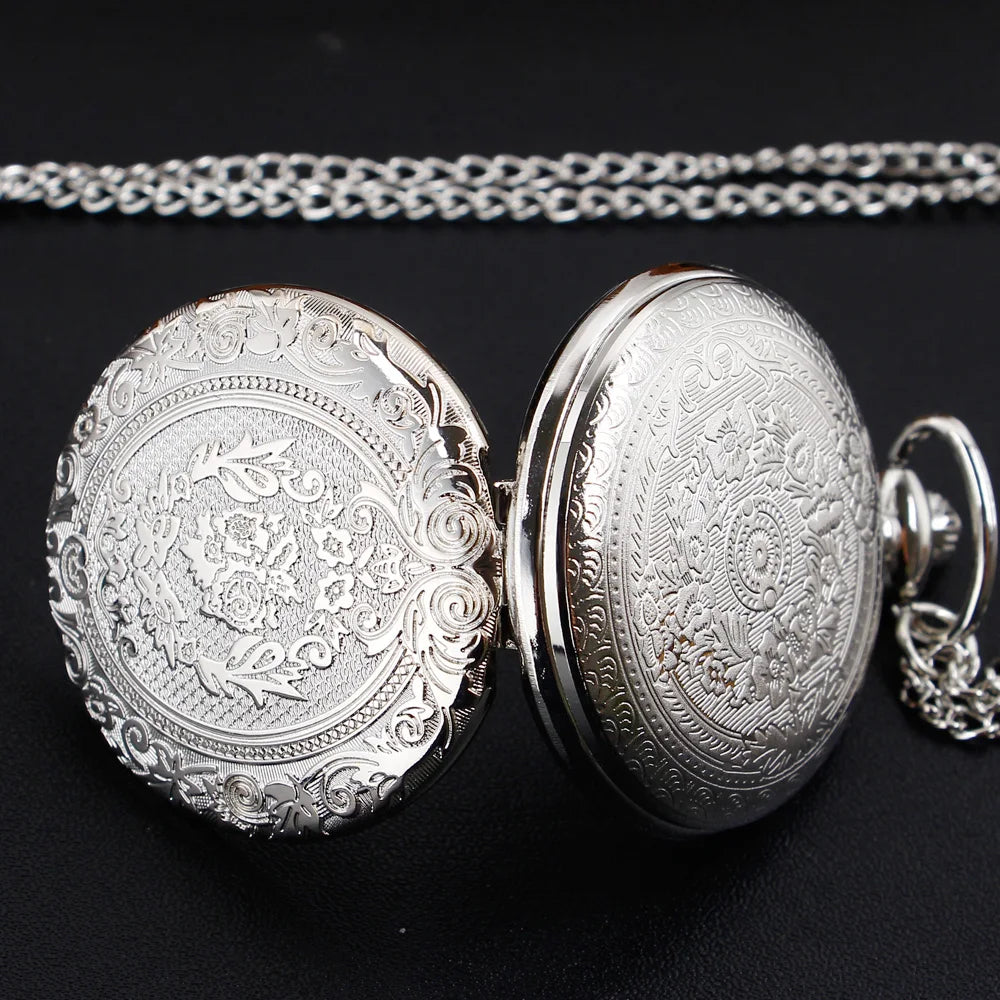 Luxury Silver Quartz Pocket Watch Fashion Necklace Pendant Chain Jewelry Gift Steampunk Clock for Men Women