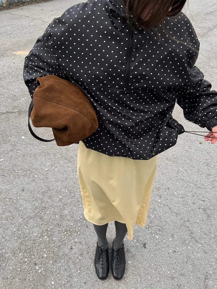 Black Polka Dot Half Zip Pullover Coat Women Loose Fit Puff Sleeves Outfit 2025 New Fashion Street Daily Autumn Outerwear 2025