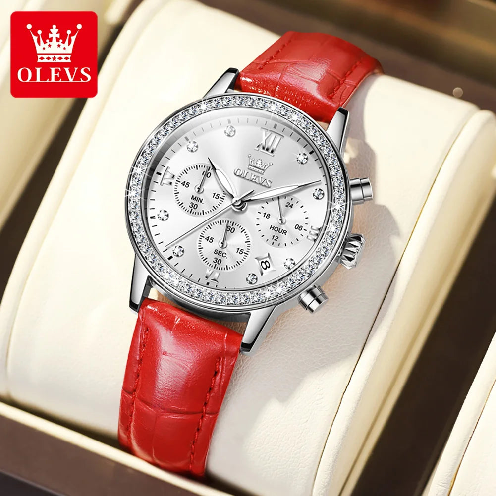 OLEVS 9933 Original Luxury Quartz Watch for Women Fashion Elegant Leater Strap Waterproof Chronogrph Branded Women's Wrist Clock