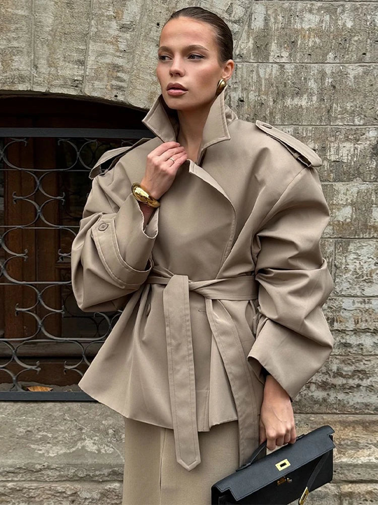 Elegant Solid Lace Up Overcoat Women Chic Full Sleeve Lapel Collar Button Loose Coat Autumn Female Street New Oversize Outerwear