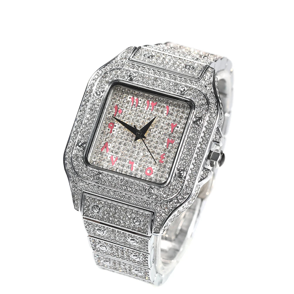 THE BLING KING Iced Out Men Watch Square Diamond Pink Blue Numbers Quartz Luxury Wrist Watches Roman Clock Relogio Masculino