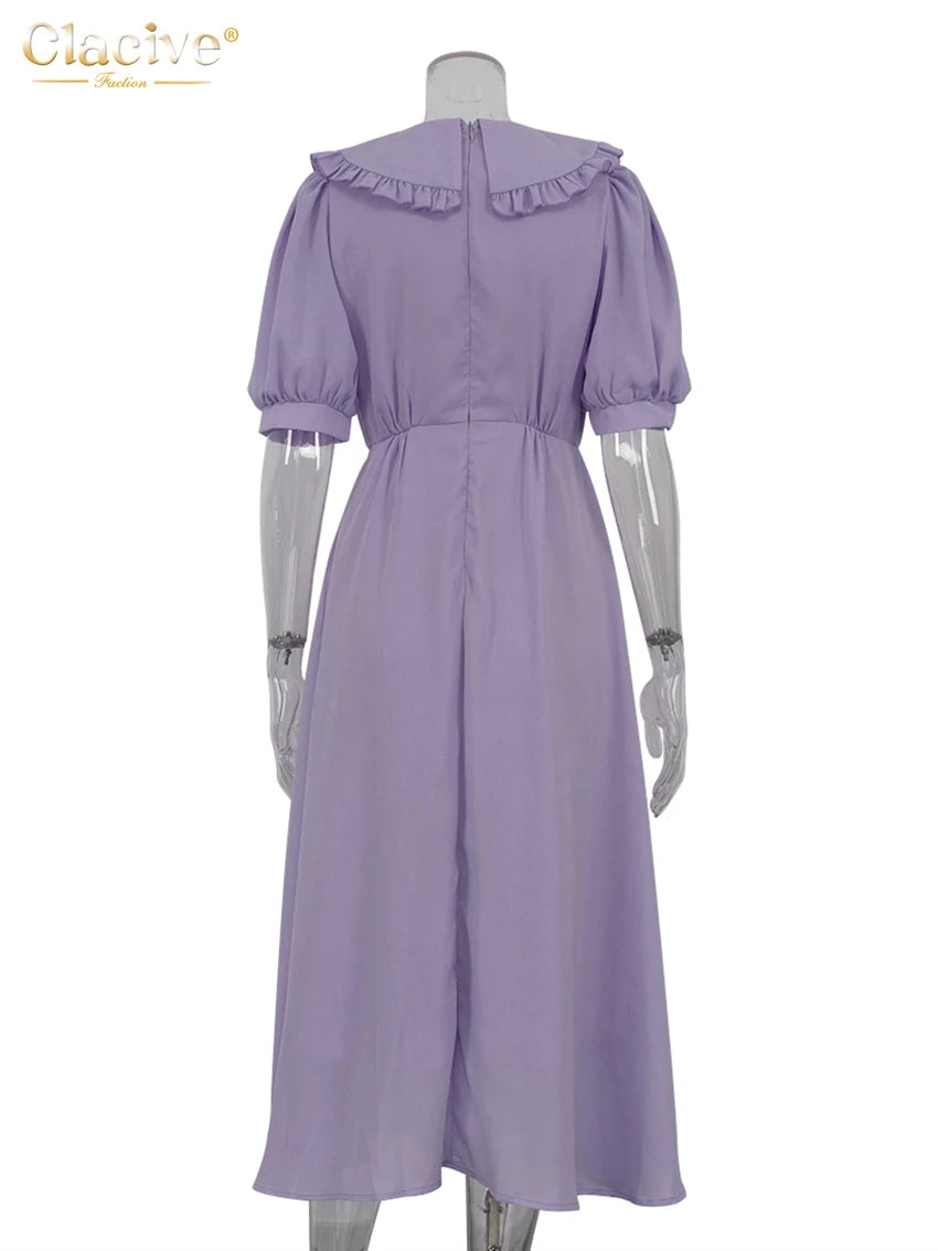 Clacive Summer Loose Purple Women's Dress 2025 Fashion Lapel Short Sleeve Midi Dresses Elegant Classic High Waist Female Dress