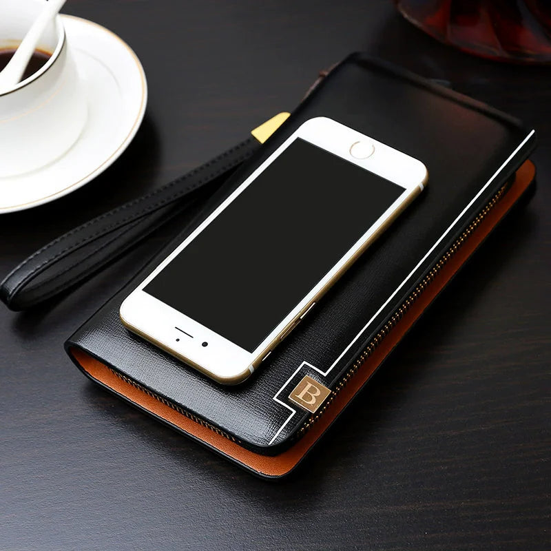 Luxury Brand Men Clutch Bag Leather Long Purse Double Zipper Business Wallet For Husband Gift Black Brown Male Casual Handy Bag