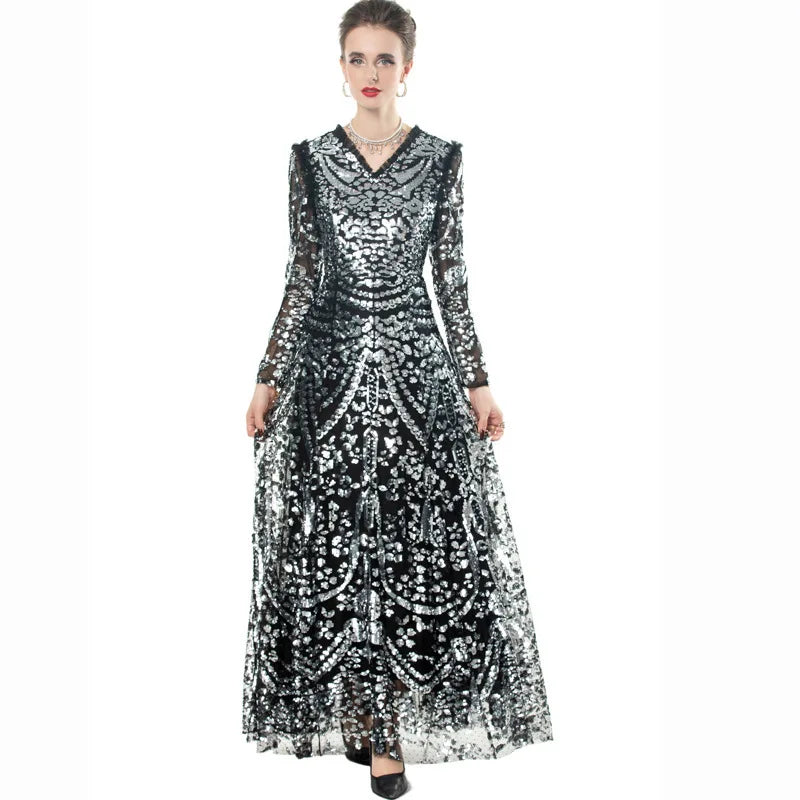 QMQA Fashion Women's Luxury Sequin Dress V-neck Long Sleeved High Waist Slimming Elegant Banquet Evening Dresses 2025 New QM167
