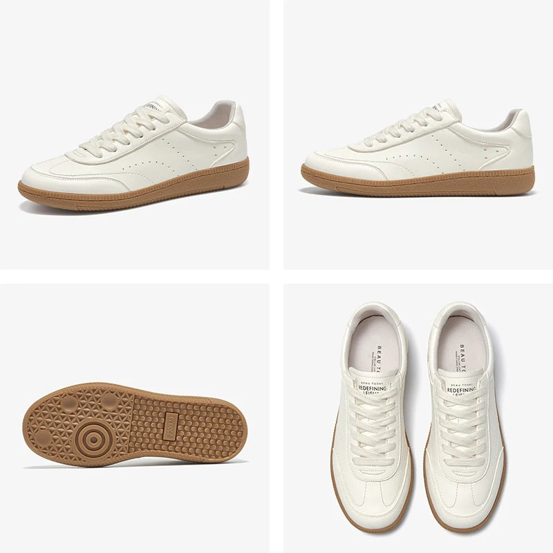 BEAUTODAY White Sneakers Women Cow Leather Lace-up Round Toe Sewing Ladies Trainning Shoes Handmade 29932