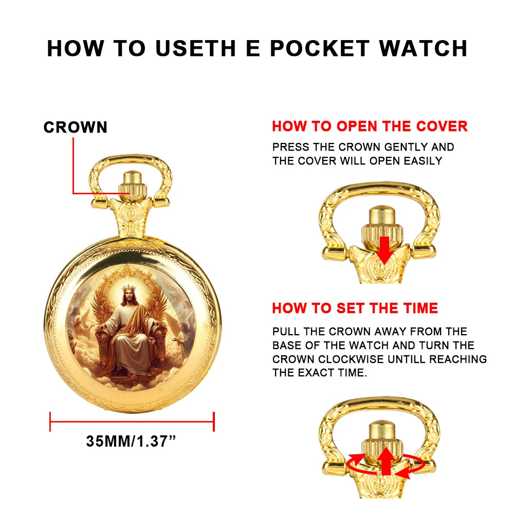 Personalised Fashion Golden Stainless Steel Mysterious Jesus Design Quartz Pocket Watch Necklace Women Men Jewelry Pendant Chain