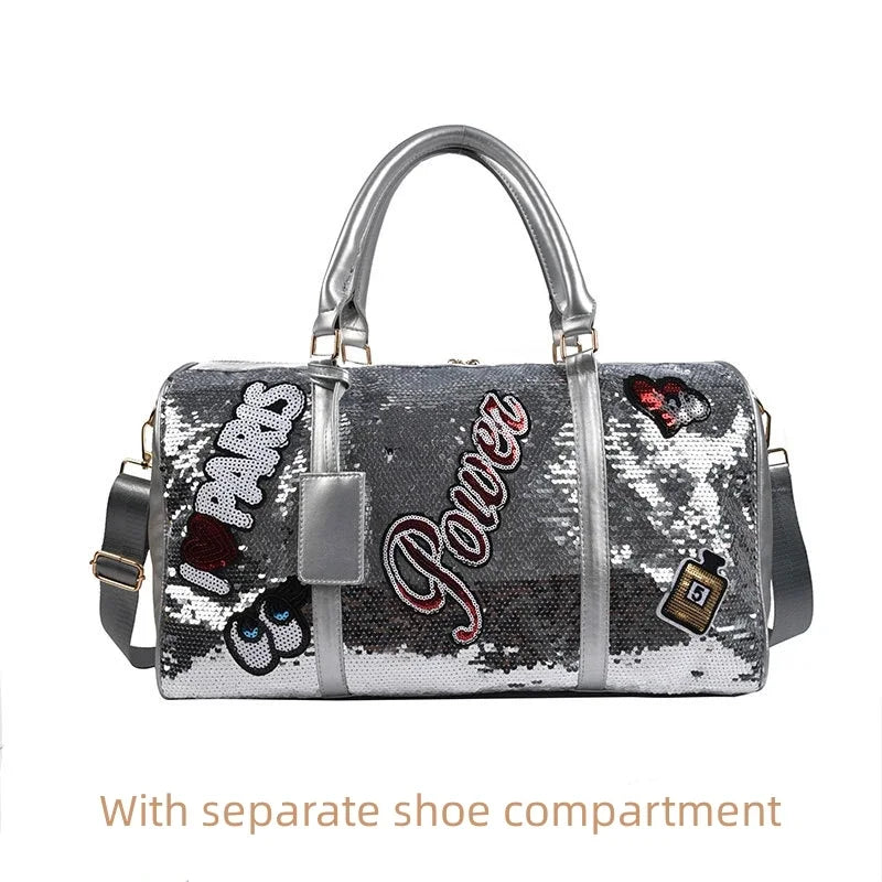 Sequins PU Travel Bag Fashion Sports Large Capacity Shoulder Bag with Separate Shoe Compartment Europe United States Handbag