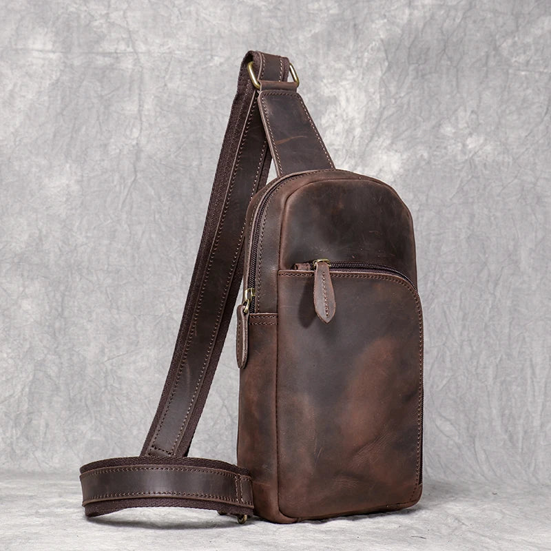 Handmade Genuine Leather Chest Bag Sports Phone Bag Men's Retro Large Capacity Crossbody 7.9 inch Mini ipad Men's Bag Leathfocus
