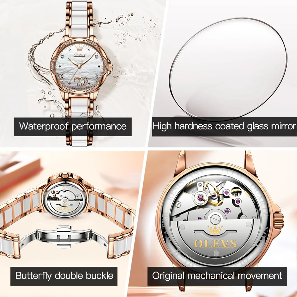 OLEVS 6631 Top Original Automatic Watch for Women Fashion Heart Design Diamond Bezel Ceramics Strap Ladies Mechanical Wristwatch