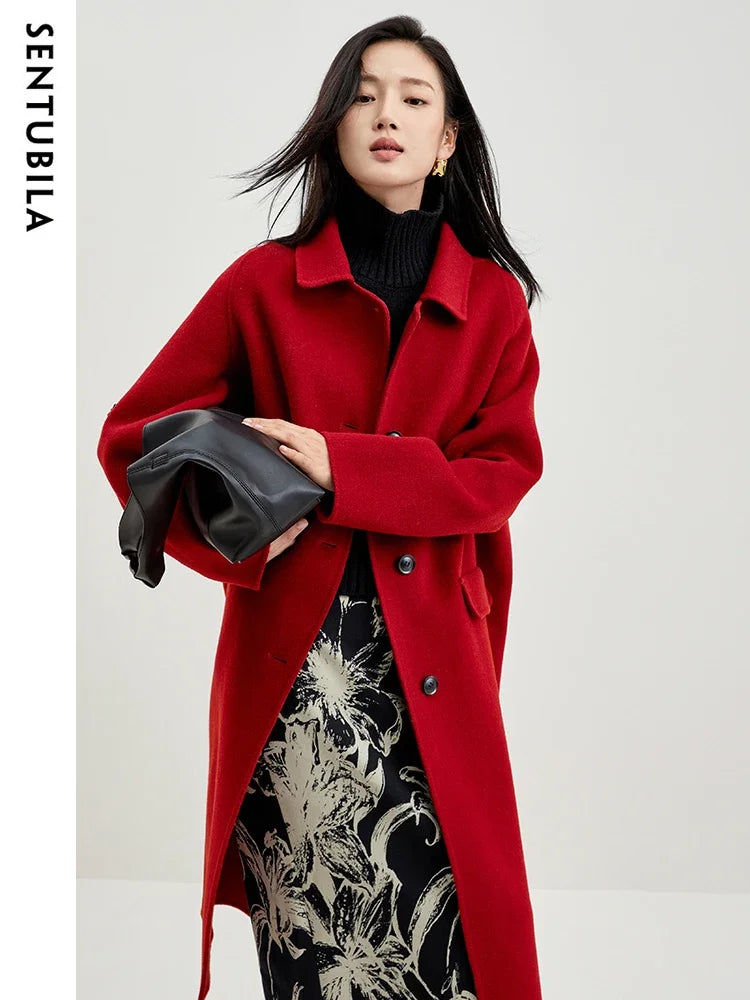 SENTUBILA Double-faced Woolen Long Jacket For Women 2025 Winter 100% Wool Coat Simple Comfortable Warm Lapel Overcoat W34O49911