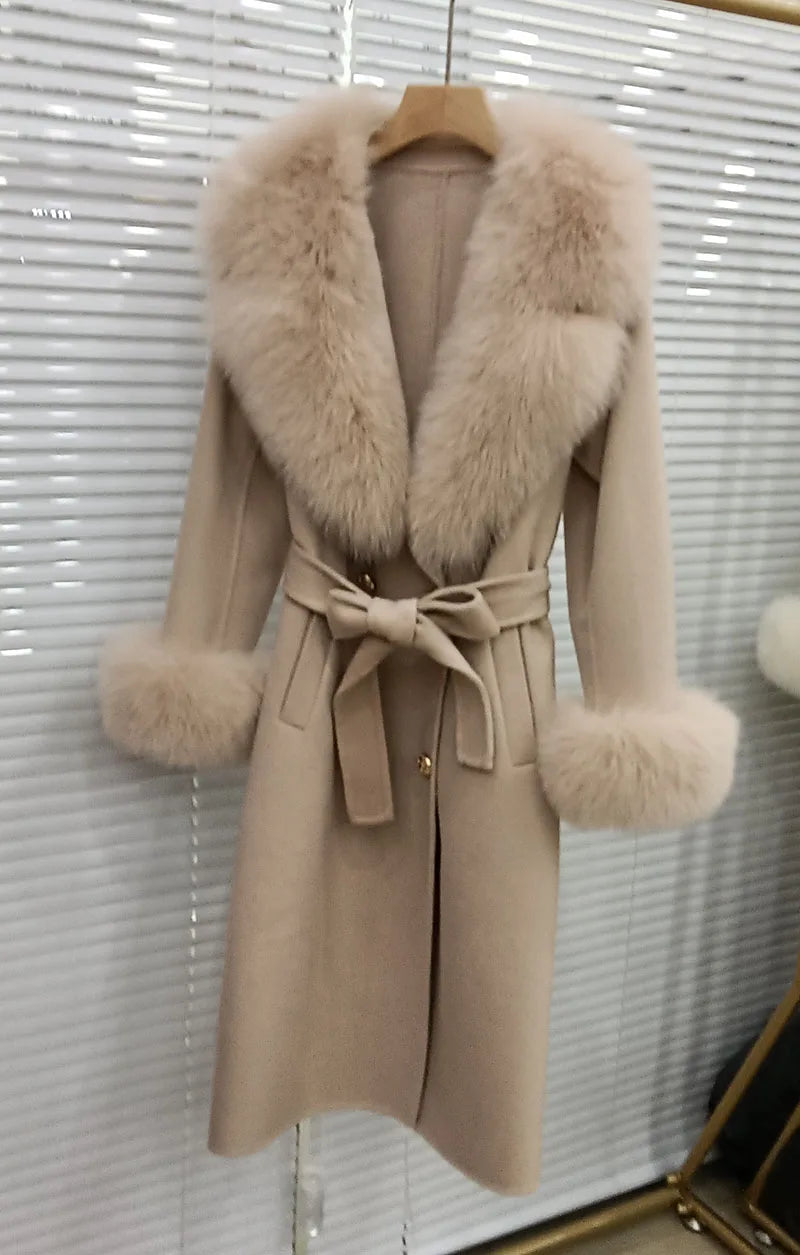 Long Women Wool Blended Coat With Big Real Fox Fur Collar Fashion Slim Winter Wool Jacket With Belt Outwear With Fox Fur Cuff