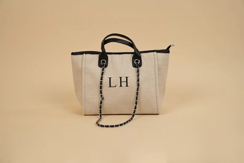 Custom Monogram Canvas Tote Bag Initial Bag Handbag Beach Bag Birthday Gift Bag with Chain Tote Bag Summer Holiday Bag
