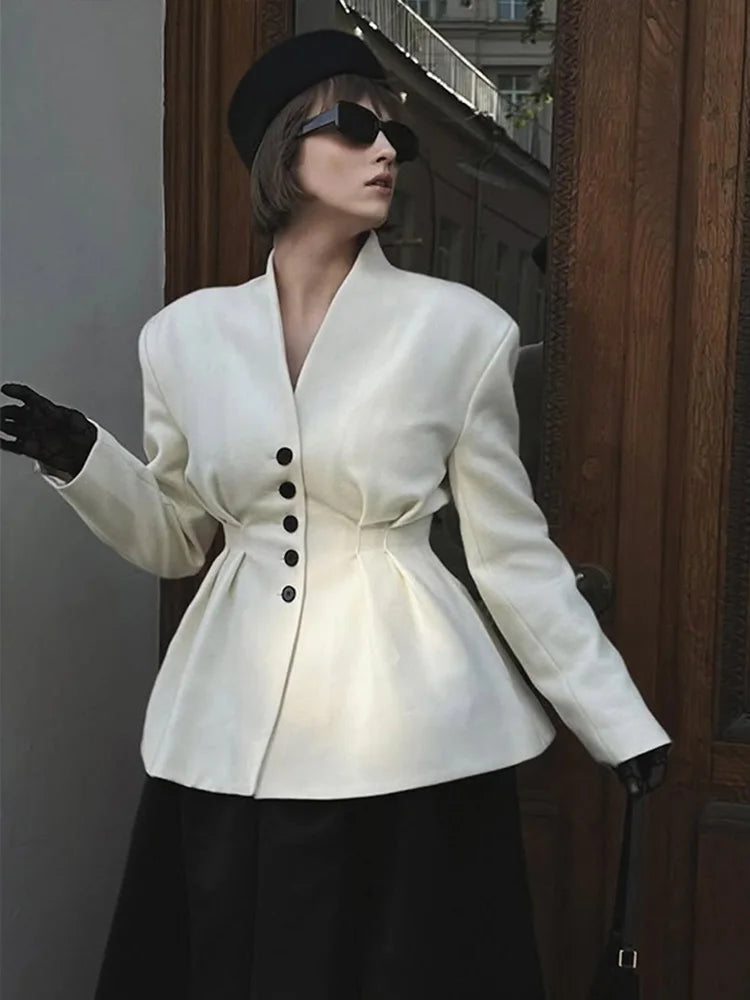 Elegant Solid Blazer Coat for Women Fashion Single Breasted V Neck Slim Jackets 2025 Spring Lady All-match Casual Tops Outwear