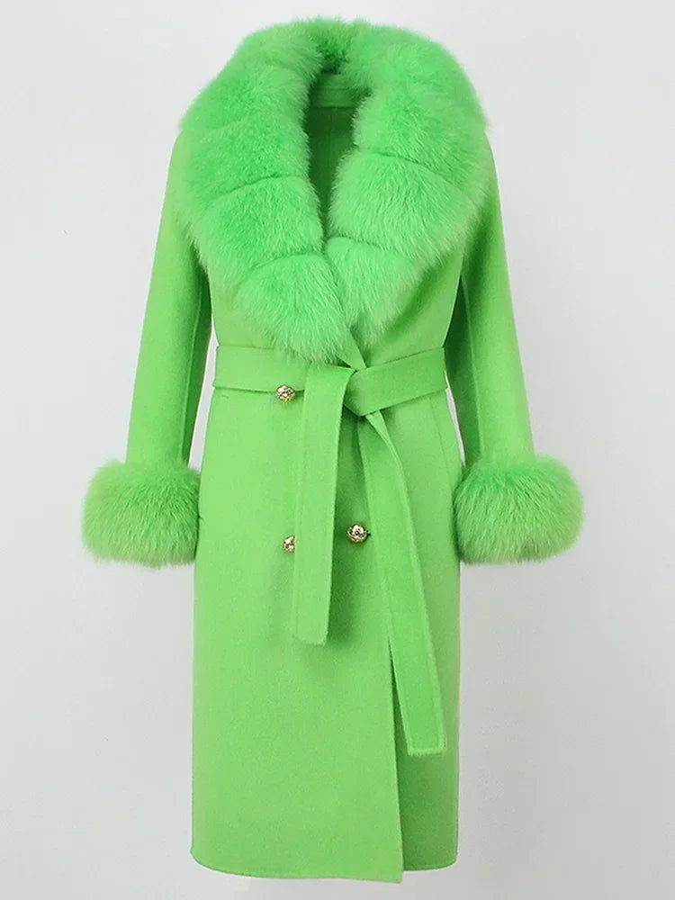 2024 Winter Jacket Women Long Natural Wool Blends Cashmere Real Fur Coat Double Breasted Belt Warm Wool Streetwear New Fashion