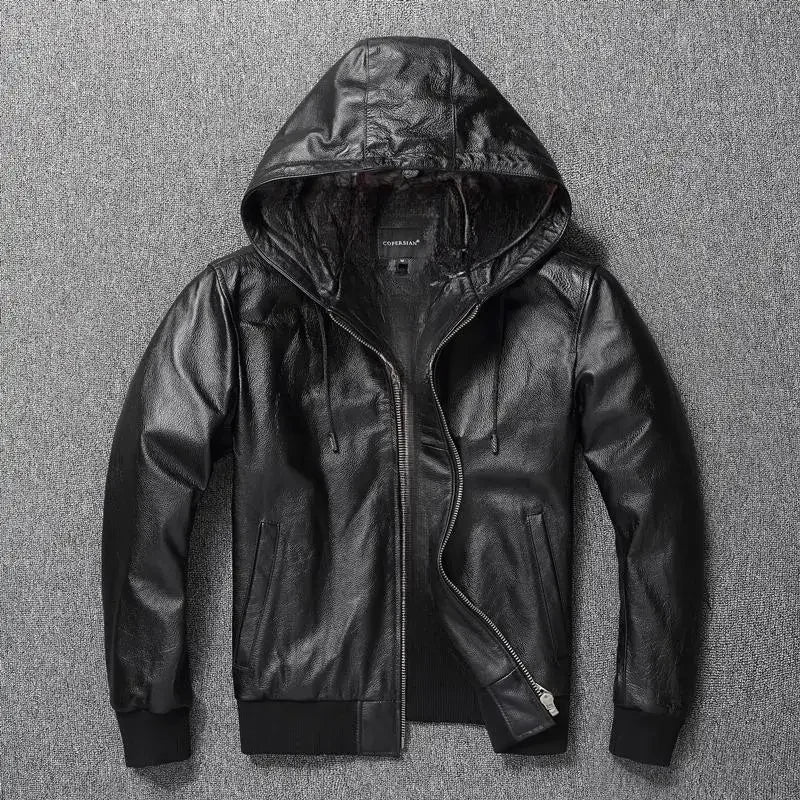 Men Leather Jacket with Hood Genuine Cowhide Slim Fit Male Skin Coat Spring Autumn Clothing Chamarras De Cuero Para Hombre