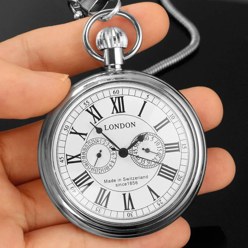 Luxury London 1856's Antique Pocket Watch Mechanical Hand Winding Stainless Steel Case Mens FOB Chain Pocket Watch Reloj Gift