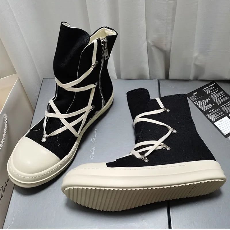 Men Women High-TOP Shoes Casual Canvas Couple Thick-sole Sneakers Luxury Designer Zip Hip Hop Flat Black Boots Outdoor Trainers
