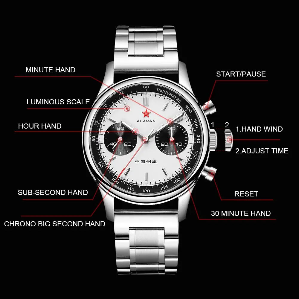 Red Star 40mm Panda 1963 Chronograph Men Watches Original ST901 Movement Hand Winding Male Pilots Clock Mechanical Wristwatches