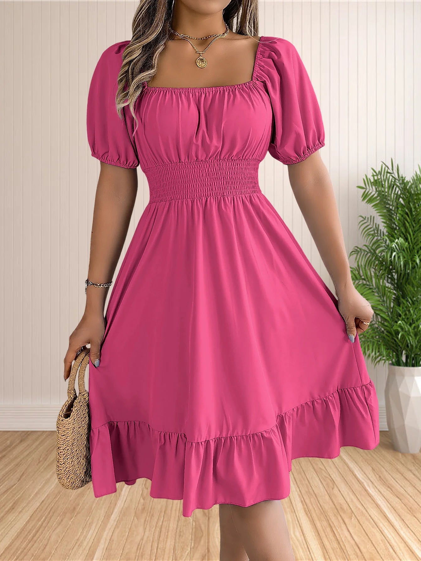 Women's Boho Square Neck Puff Short Sleeve Self Tie Front A Line Dress