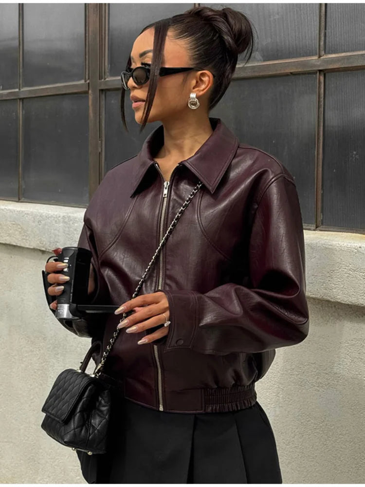 Chic Women's Green Suede Jacke Fashion Loose Long Sleeve Laple Zipper Bomber Jackets 2025 Spring New Ladies High Street Clothing