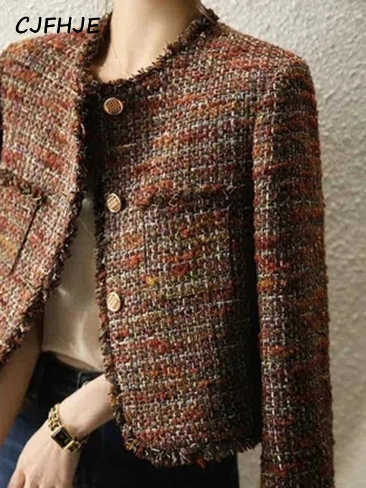 CJFHJE O-neck Tweed Fragrant Lady Coats Autumn Winter New Elegant Lady Outerwear Tops Tassel Single Breasted Women Woolen Jacket