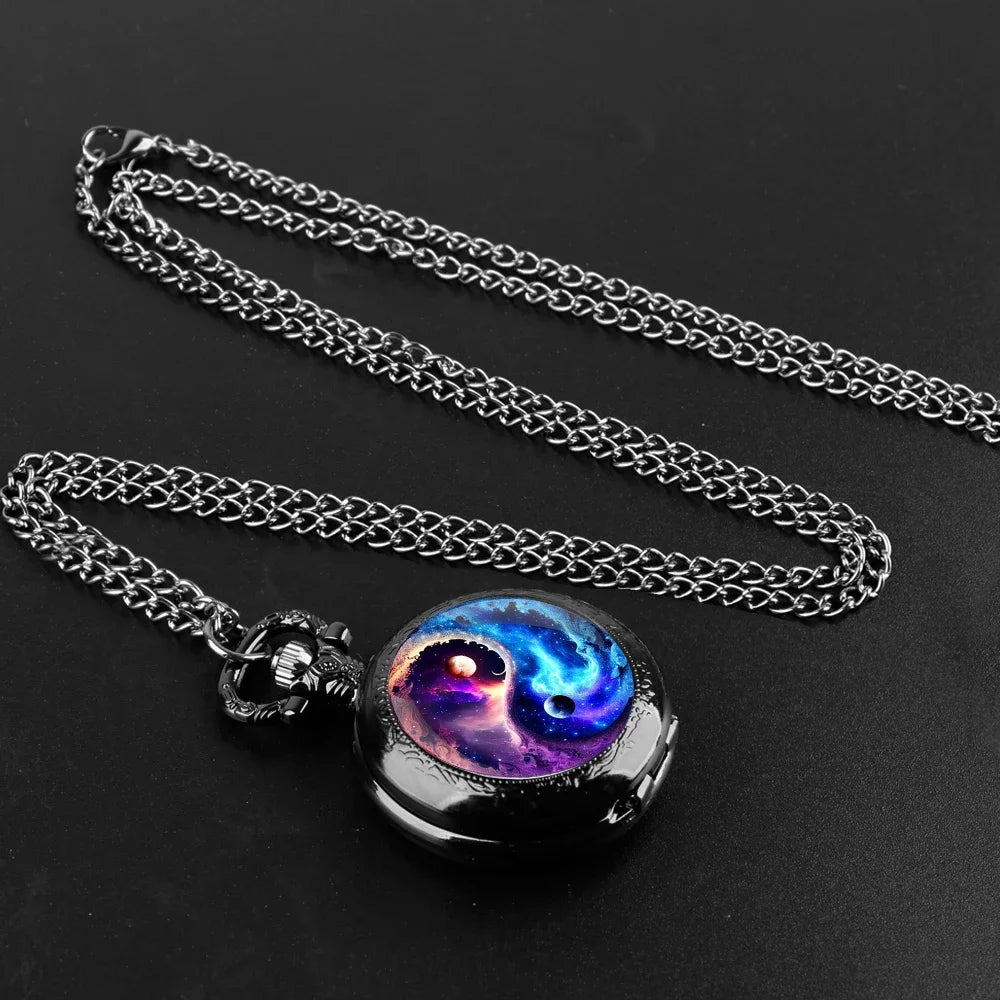 Creative Yin-Yang Planet Dome Quartz Pocket Watch Arabic Numeral Dial Vintage Men Women Necklace Pendant Creative Clock Gifts