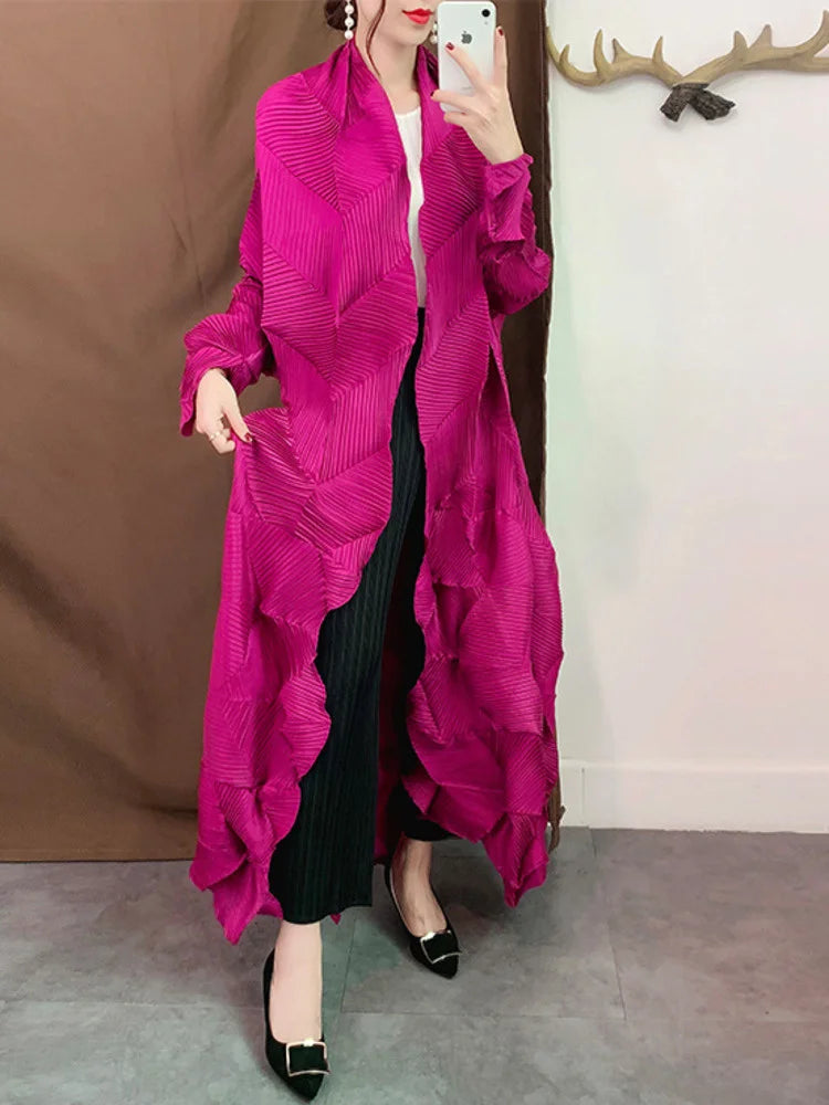 Miyake Pleated Long Trench Coat Women 2025 Spring Lapel Solid Color Long Sleeve Loose Casual Female Fashion Windbreaker