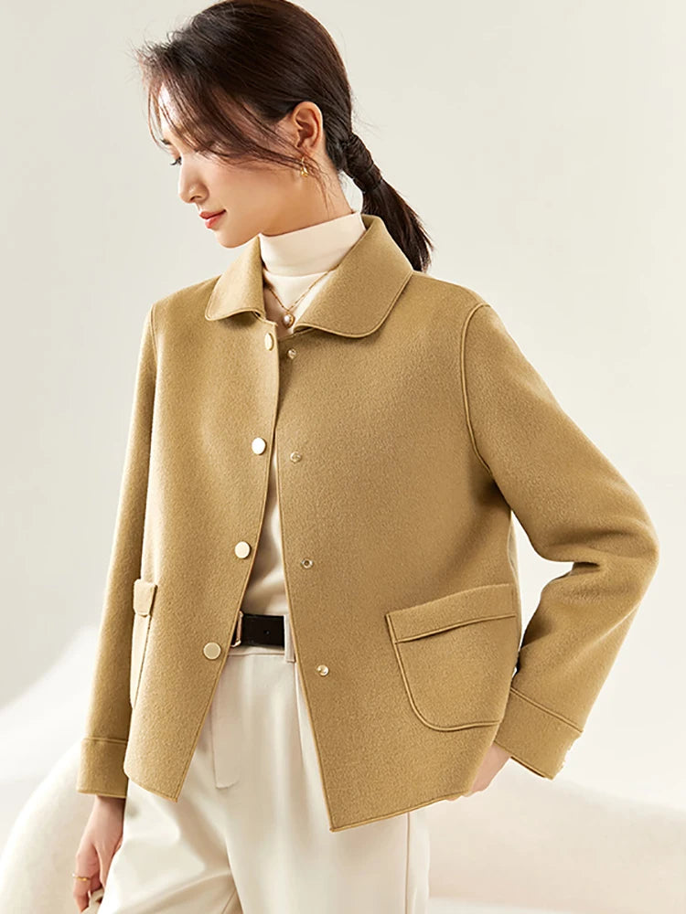 SENTUBILA Women 100% Wool Coat 2025 Office Lady Elegant Fashion Warm Solid Vintage Turn-down Collar Pocket Short Coats W24O43399