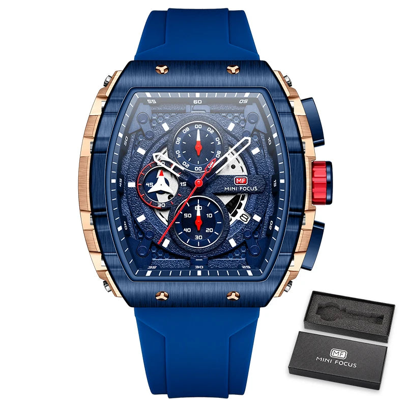 MINI FOCUS Chronograph Quartz Watch for Men Tonneau Dial Military Sport Wristwatch with Orange Silicone Strap Auto Date 0399