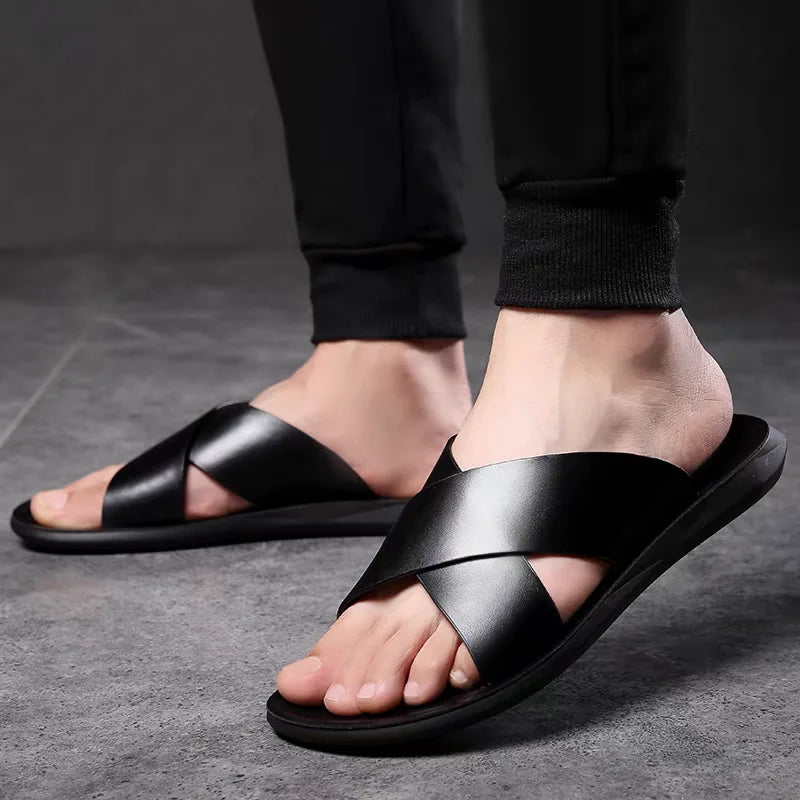 Slippers Men's beach shoes,Summer New Male slides,Peep Toe slippers Black/Brown calf leather shoes Adults Teenagers USA Fashion
