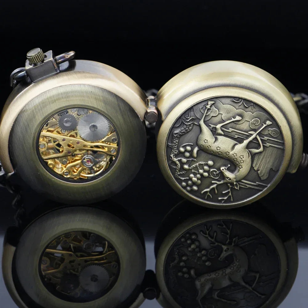 Bronze Elk Manual Mechanical Pocket Watch Roman Numerals Skeleton Dial Pendant Clock Casual Fashion Gifts for Women Men Relógio