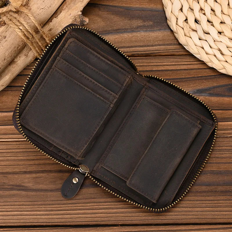 Luufan Genuine Leather Short Wallet Men Women Natural Cowskin Short Purse With Coin Pocket Zipper Around Card Purse Small Wallet