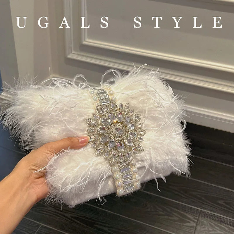 Luxury Ostrich Feather Handbags Diamond Bag Pearl Evening Bags For Women Shoulder Crossbody Bag Party Purse Wedding Clutch