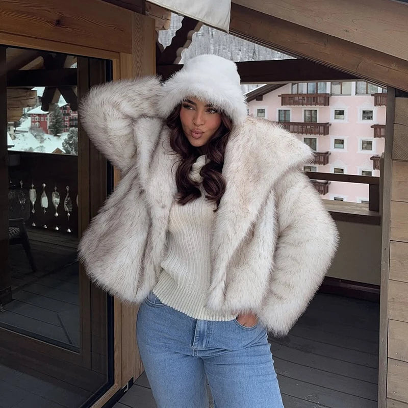 Chic Ins Blogger Brand Fashion Fake Fox Fur Jacket Coat Women 2024 Winter Luxury Design Big Collar Fur Coats Cool Girls Overcoat