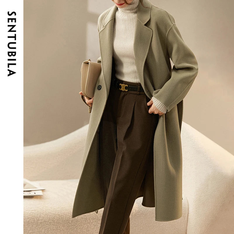 SENTUBILA 100% Woolen Long Coat For Women 2025 Winter Thick Straight Belted Mid-length Warm High Quality Outerwear W44O56770X