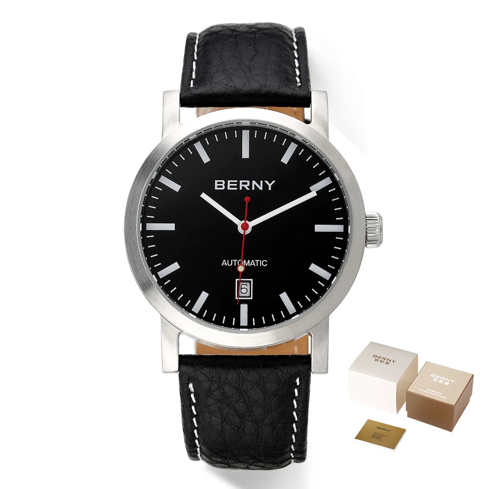 BERNY Men Mechanical Wristwatch 5ATM Waterproof Watch Casual Leather Swiss Railway Timepiece ST1612 Luxury Automatic Men Watch
