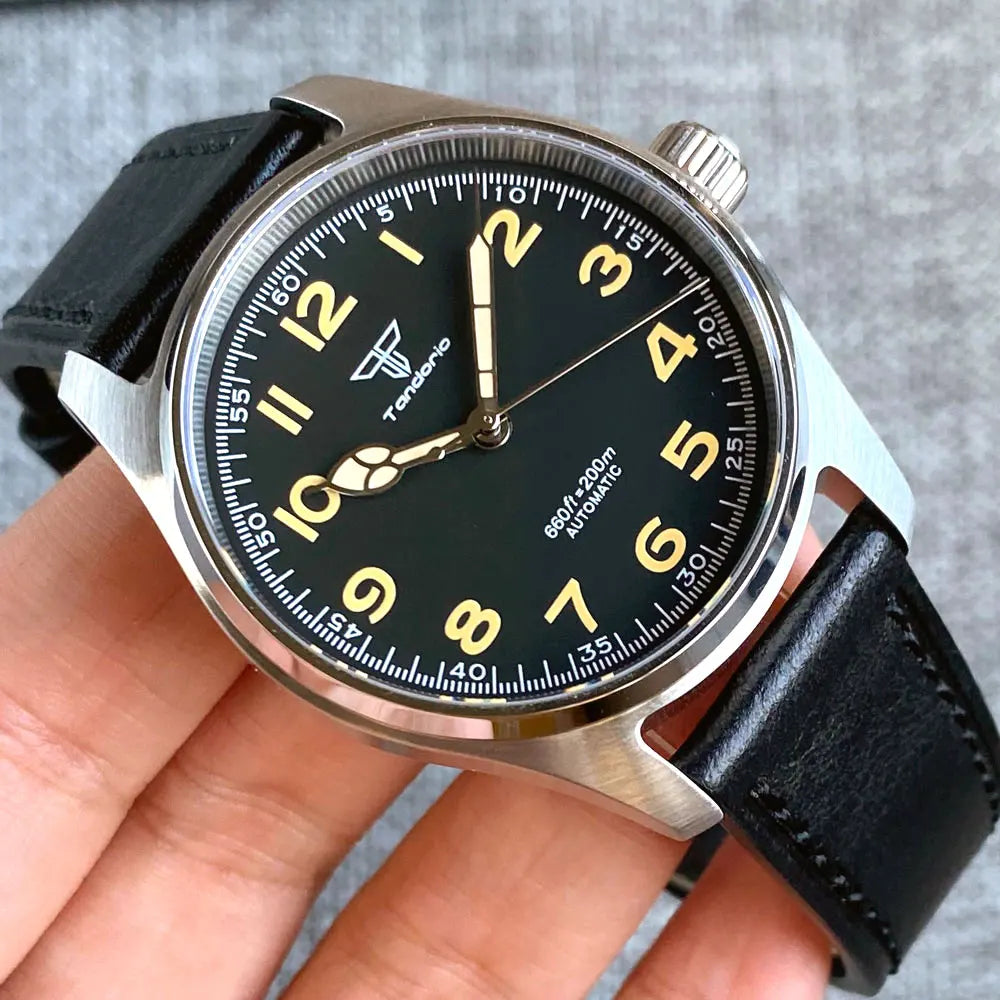Tandorio Dive Khaki Field Series Pilot Mechanical Watches for Men 200M Waterproof Polish Bezel NH35AA Movt Beige Snake Hand