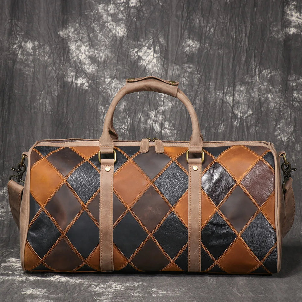 Vintage New Men's Genuine Leather Quilted Top-Layer Cowhide Handbag Travel Bag Shoulder Crossbody Business Luggage Bag