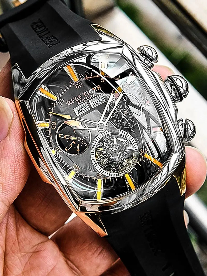 Reef Tiger/RT Designer Sport Watches with Tourbillon Stainless Steel Rubber Strap Blue Dial Automatic Watches RGA3069