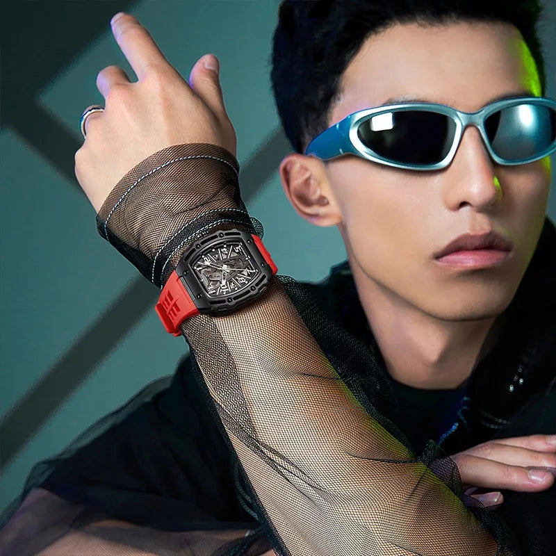 2025 Fashion Skeleton Automatic Watch Men Sports Silicone Strap Tonneau Red Wristwatch Man Luxury Mechanical Clocks Reloj Hombre