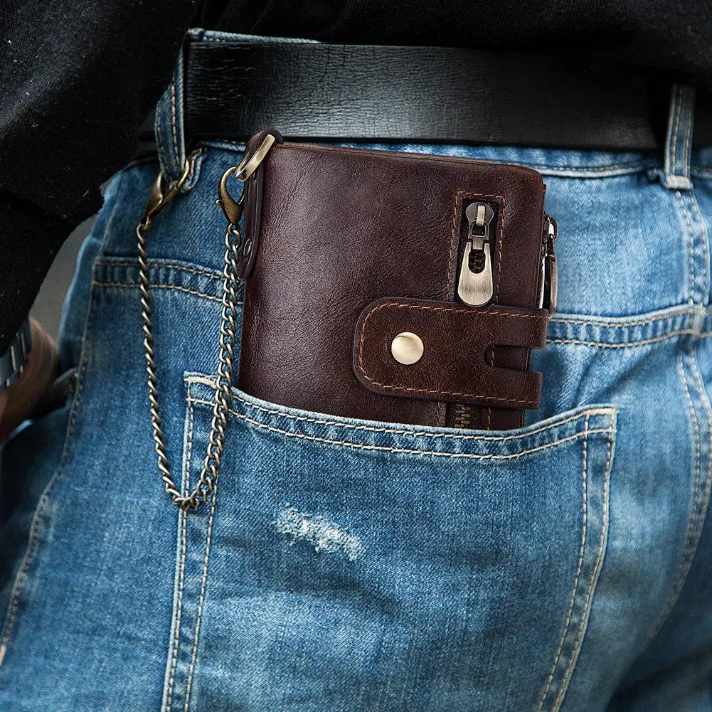 HUMERPAUL Wallet for Men RFID Genuine Leather ID Credit Card Holder with Anti-theft Iron Chain Brand Design PORTFOLIO Portomonee