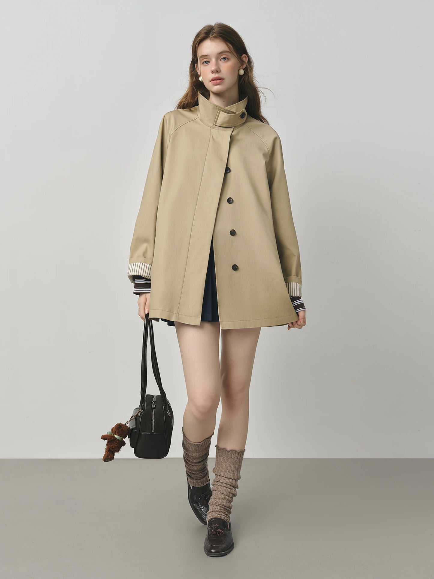 FSLE British Style Design Stand Collar Windbreaker Trench Jacket for Women 2025 Autumn New Arrival Casual Chic Coats for Women