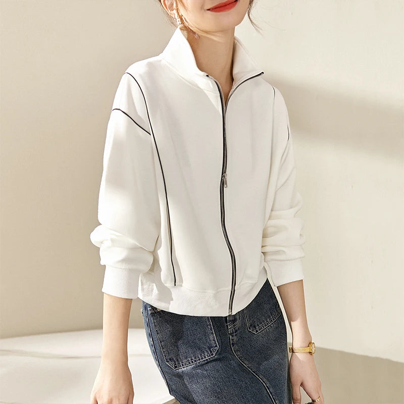 SENTUBILA Casual White Jacket Women Outerwear 2025 Spring Fashion Loose Stand Collar Full Zip Outdoor Short Coats 131W45929